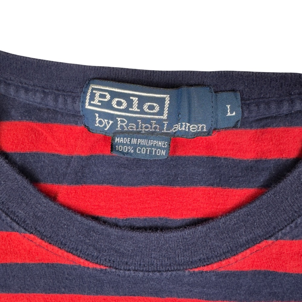 Y2K Polo Ralph Lauren Polo Shirt Mens Large Red Navy Striped Pony Logo Te - Picture 6 of 6